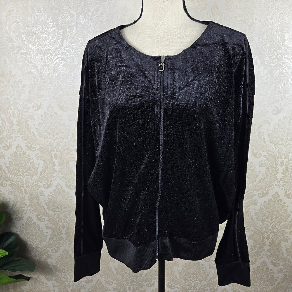 Juicy Couture Size XL Black with Silver Glitter Zip Front Jacket Dolman Sleeve